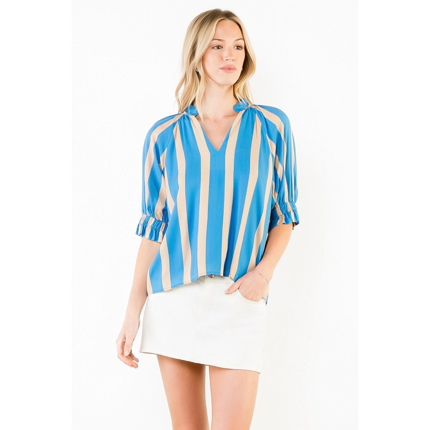 Short Sleeved Striped V-Neck