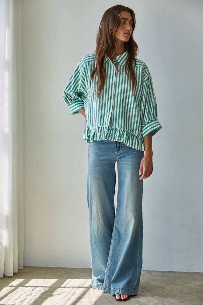 Woven Striped Button Down Peplum