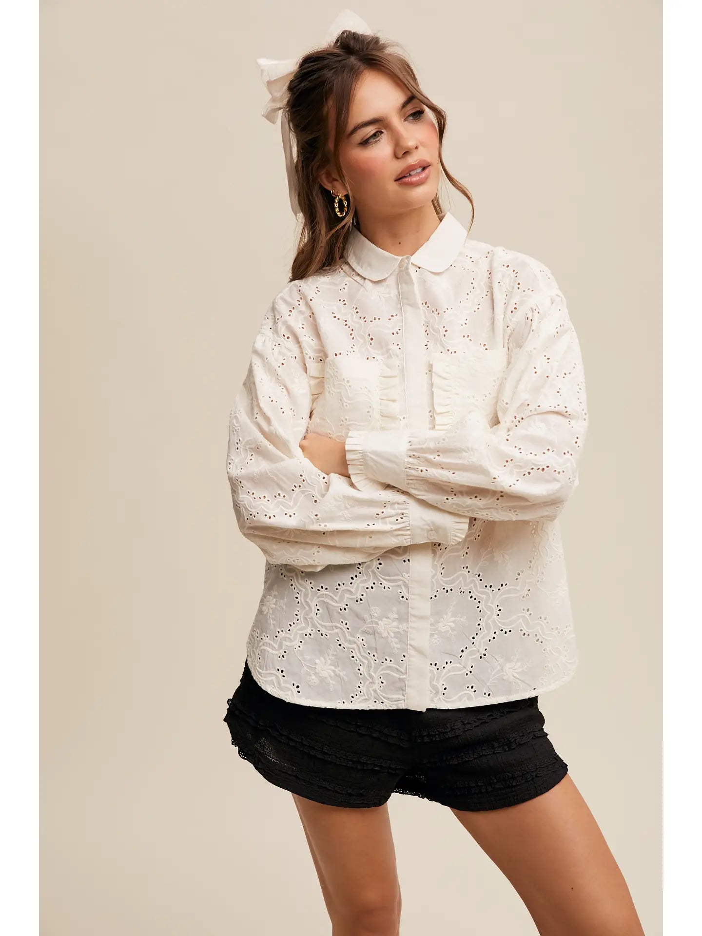 Flower Eyelet Ruffled Pocket Button Down