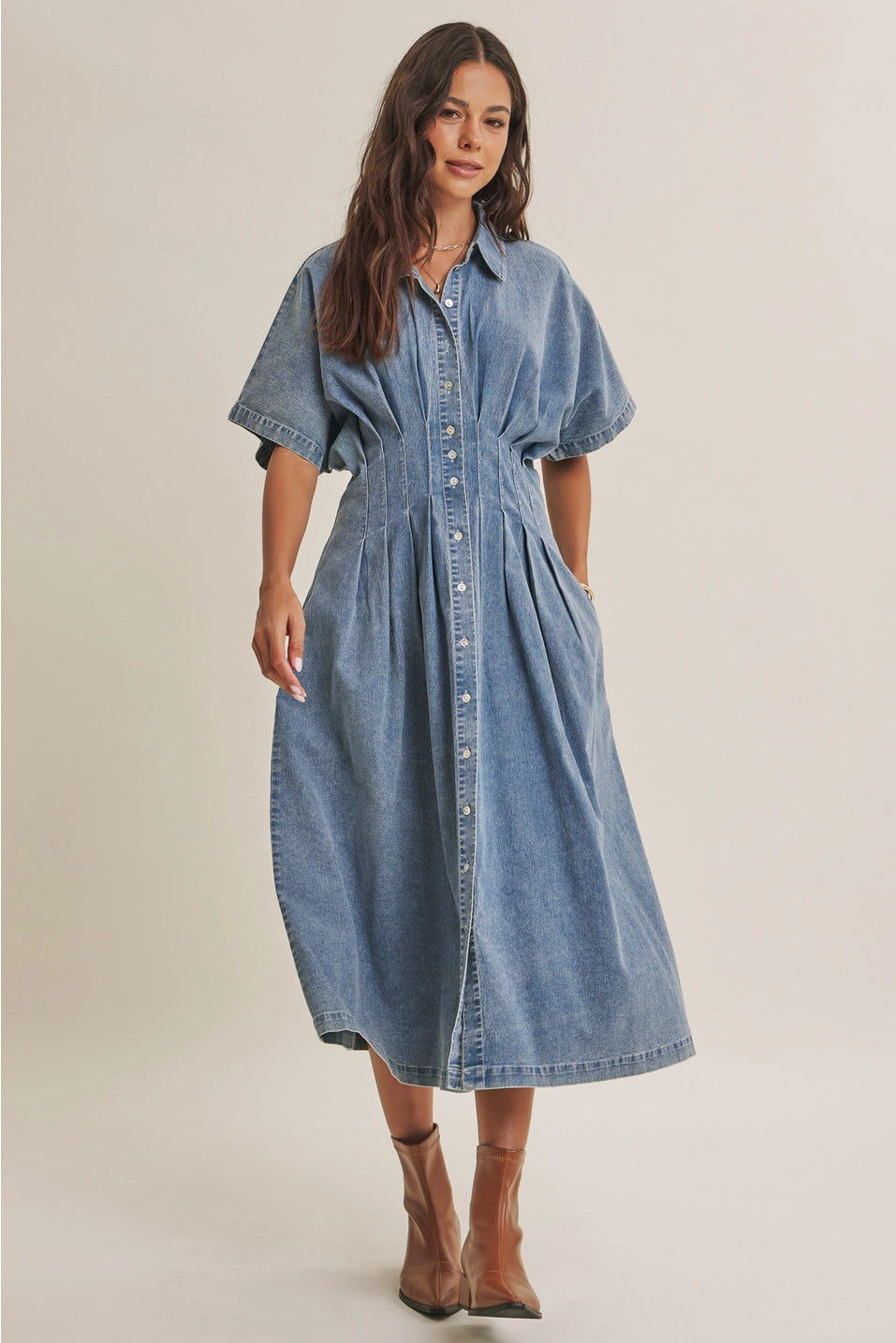 Stretchy Button Down Denim Midi Dress