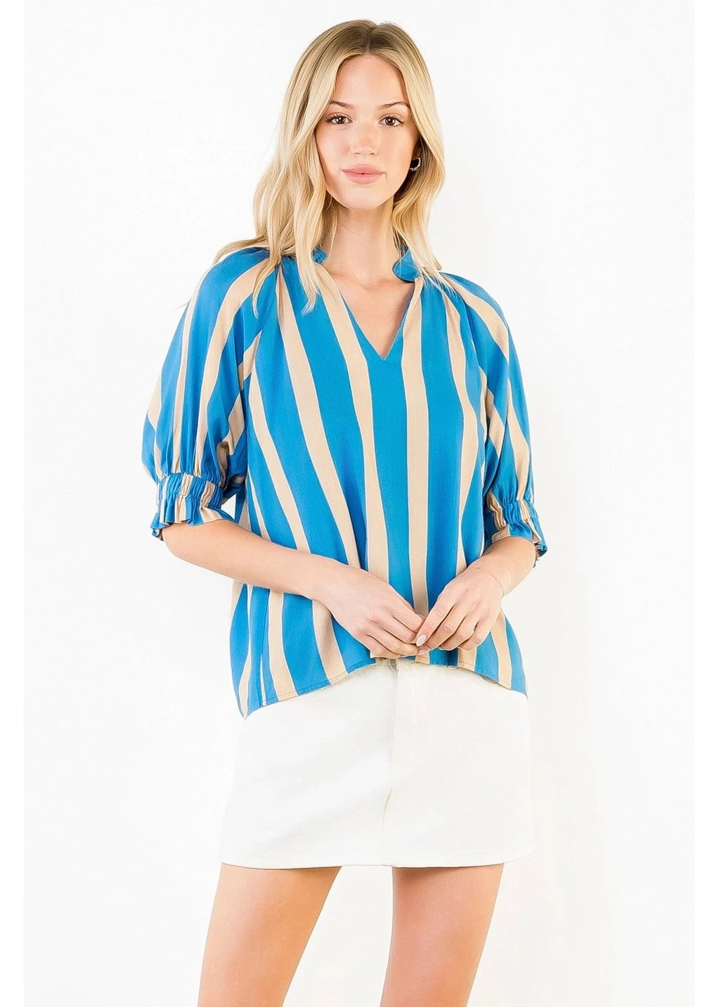 Short Sleeved Striped V-Neck