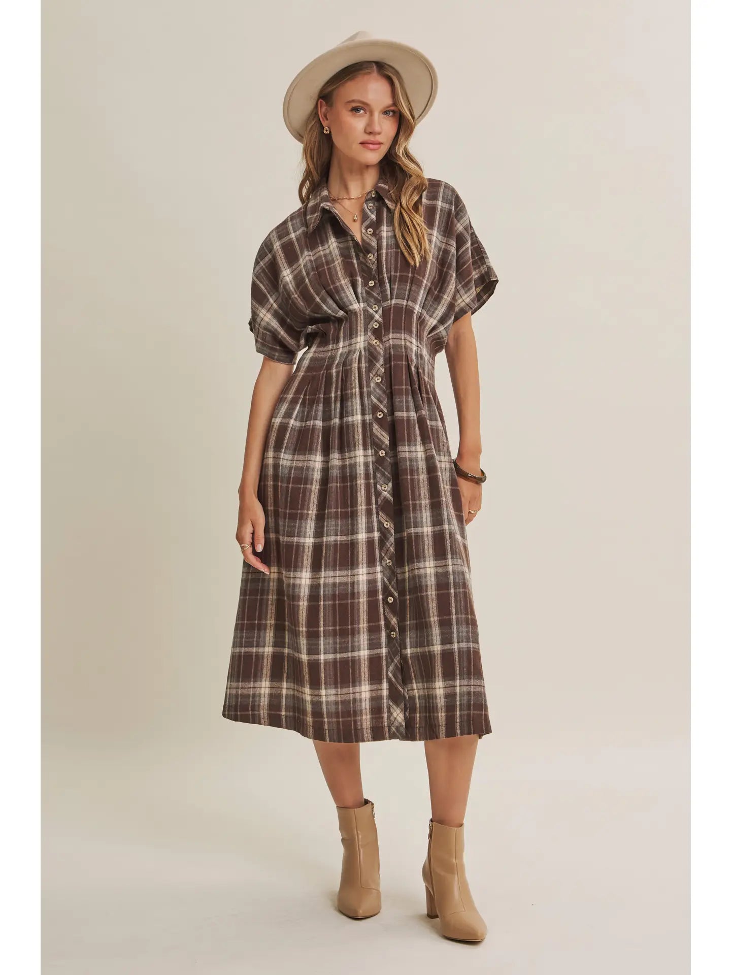 Pin-Tucked Waist Plaid Midi Dress