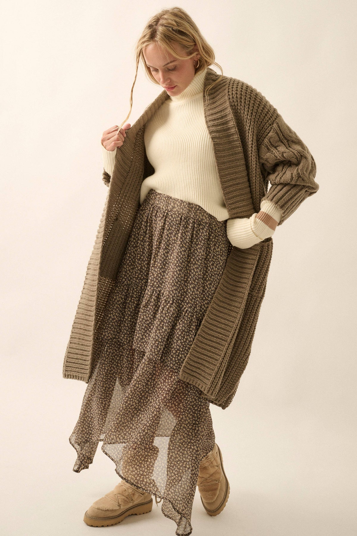Solid Rib Knit Open Front Cable Knit Cardigan