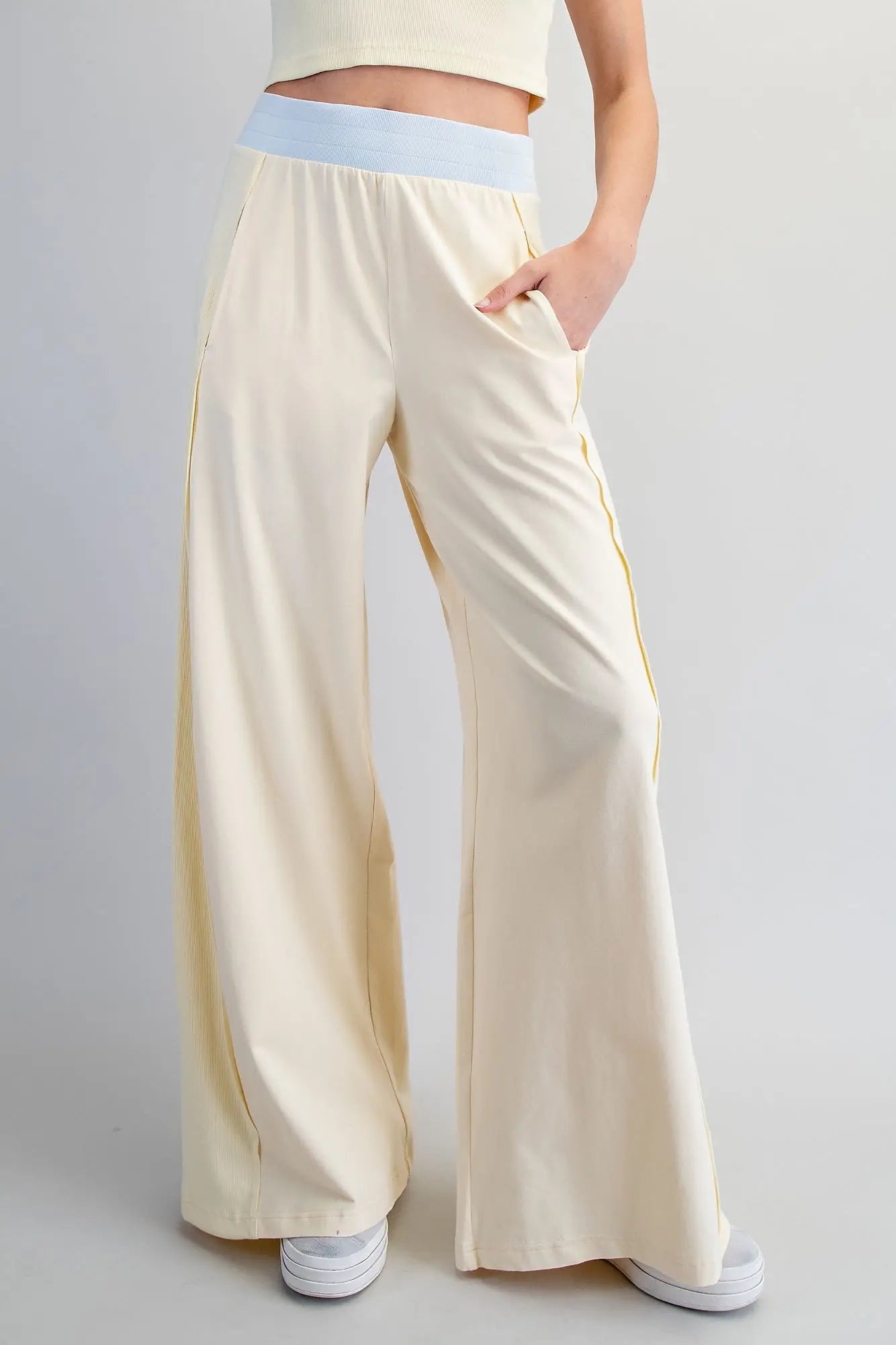 Contrast Waist Wide Leg Pants