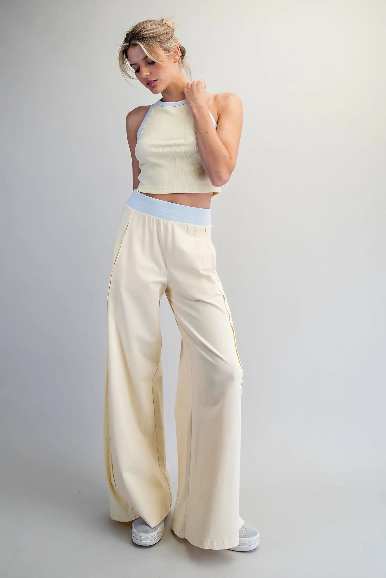 Contrast Waist Wide Leg Pants