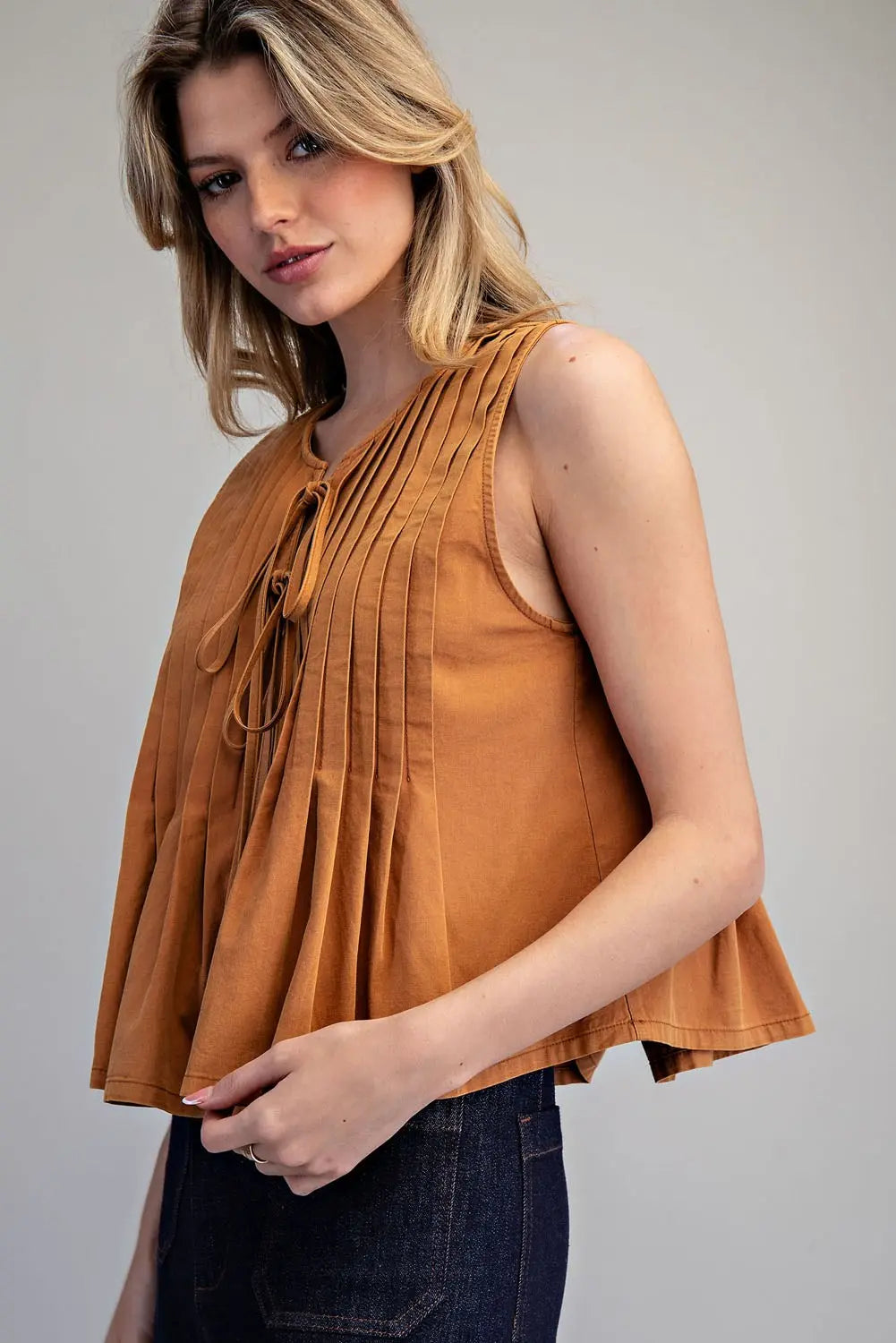 Pleated Tie Front Sleeveless Blouse