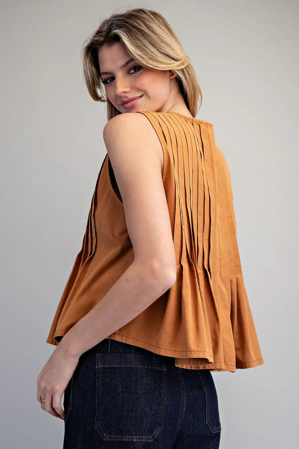 Pleated Tie Front Sleeveless Blouse