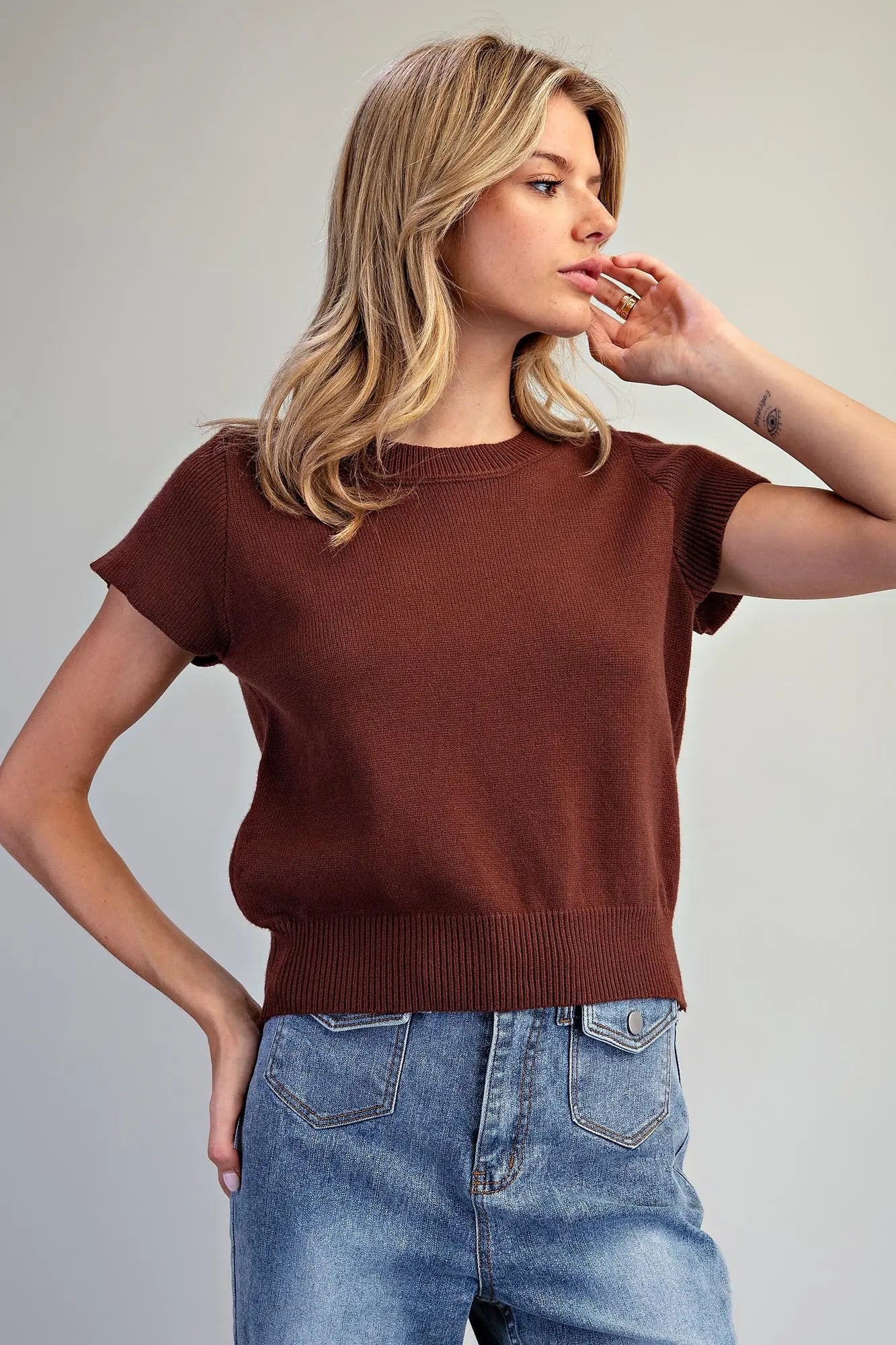 Solid Short Sleeve Knit Top