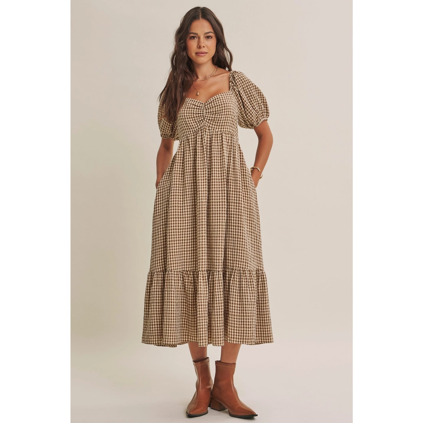 Plaid Smocked Midi with Puff Sleeve
