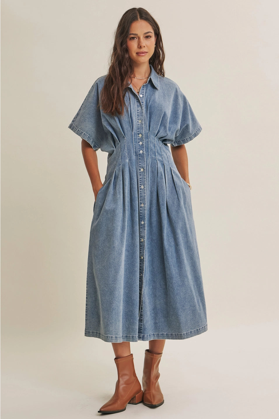 Stretchy Button Down Denim Midi Dress