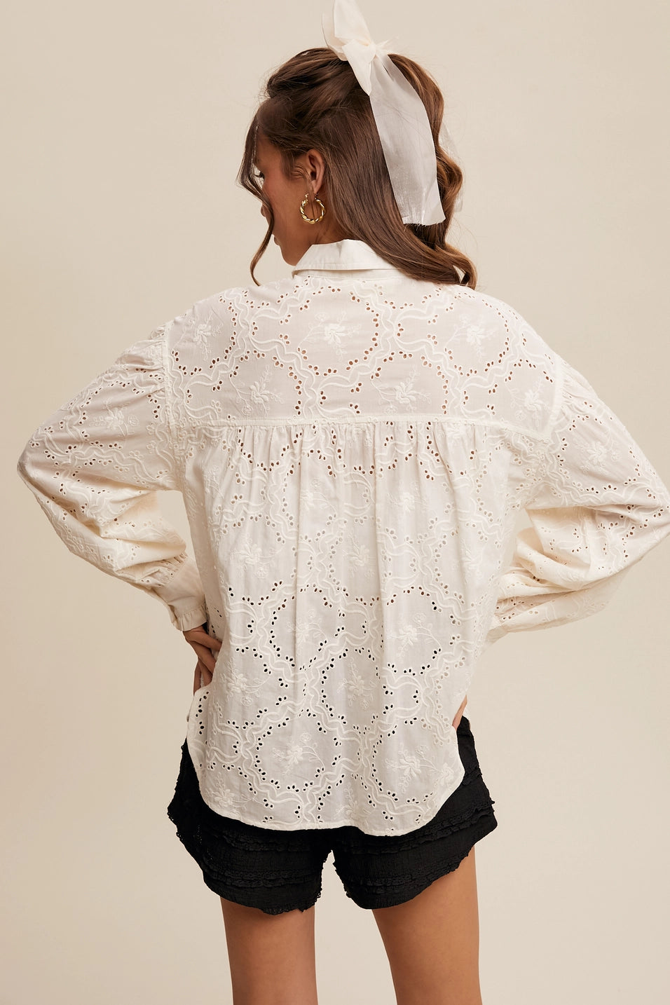 Flower Eyelet Ruffled Pocket Button Down