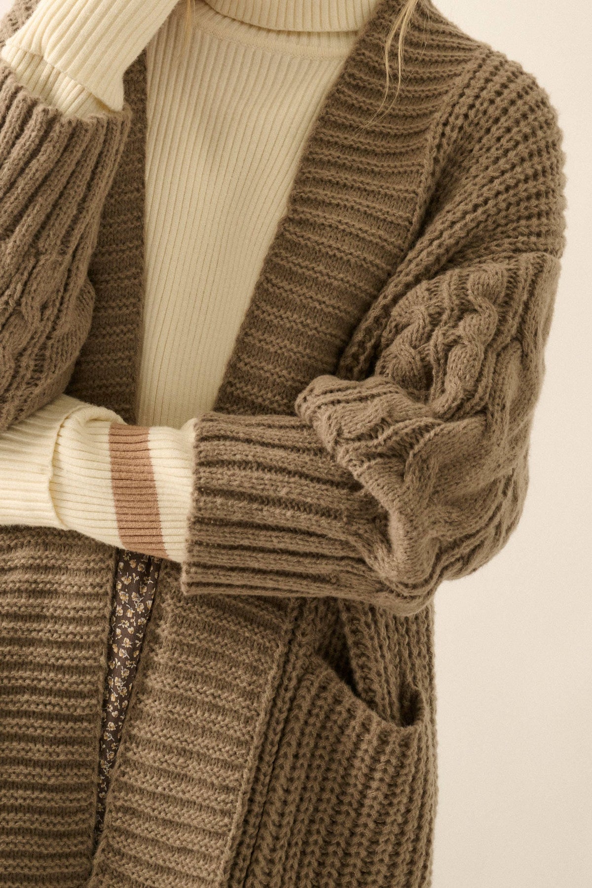 Solid Rib Knit Open Front Cable Knit Cardigan