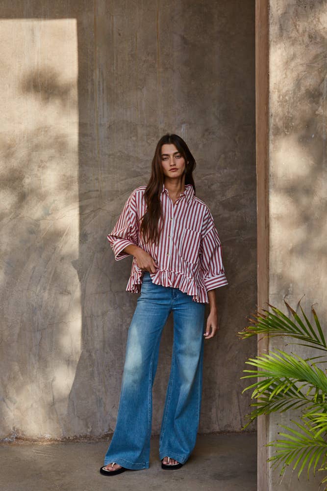 Woven Striped Button Down Peplum