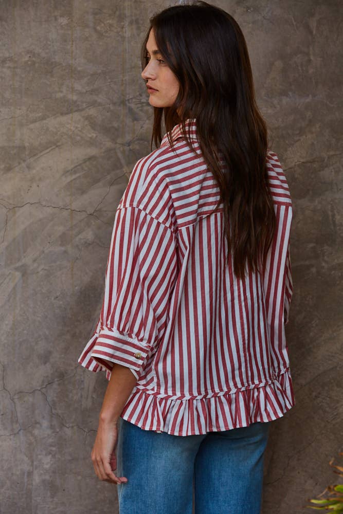 Woven Striped Button Down Peplum