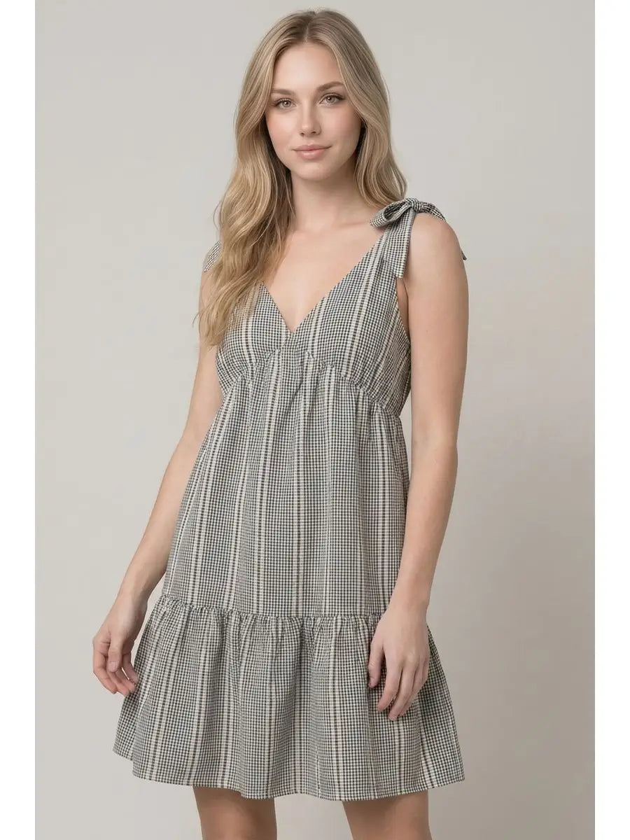 Jacquard Gingham Tie Shoulder Mini Dress