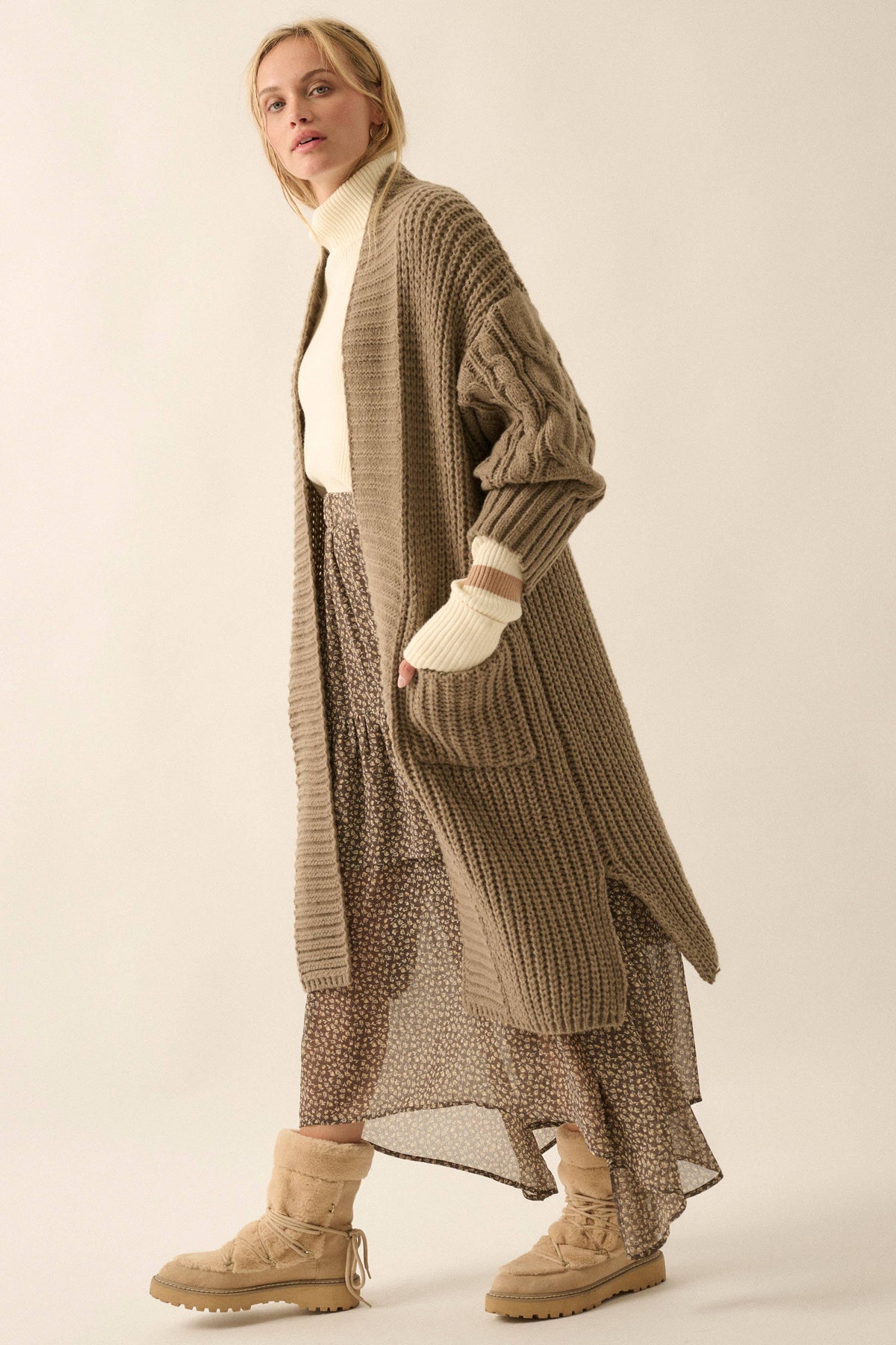 Solid Rib Knit Open Front Cable Knit Cardigan