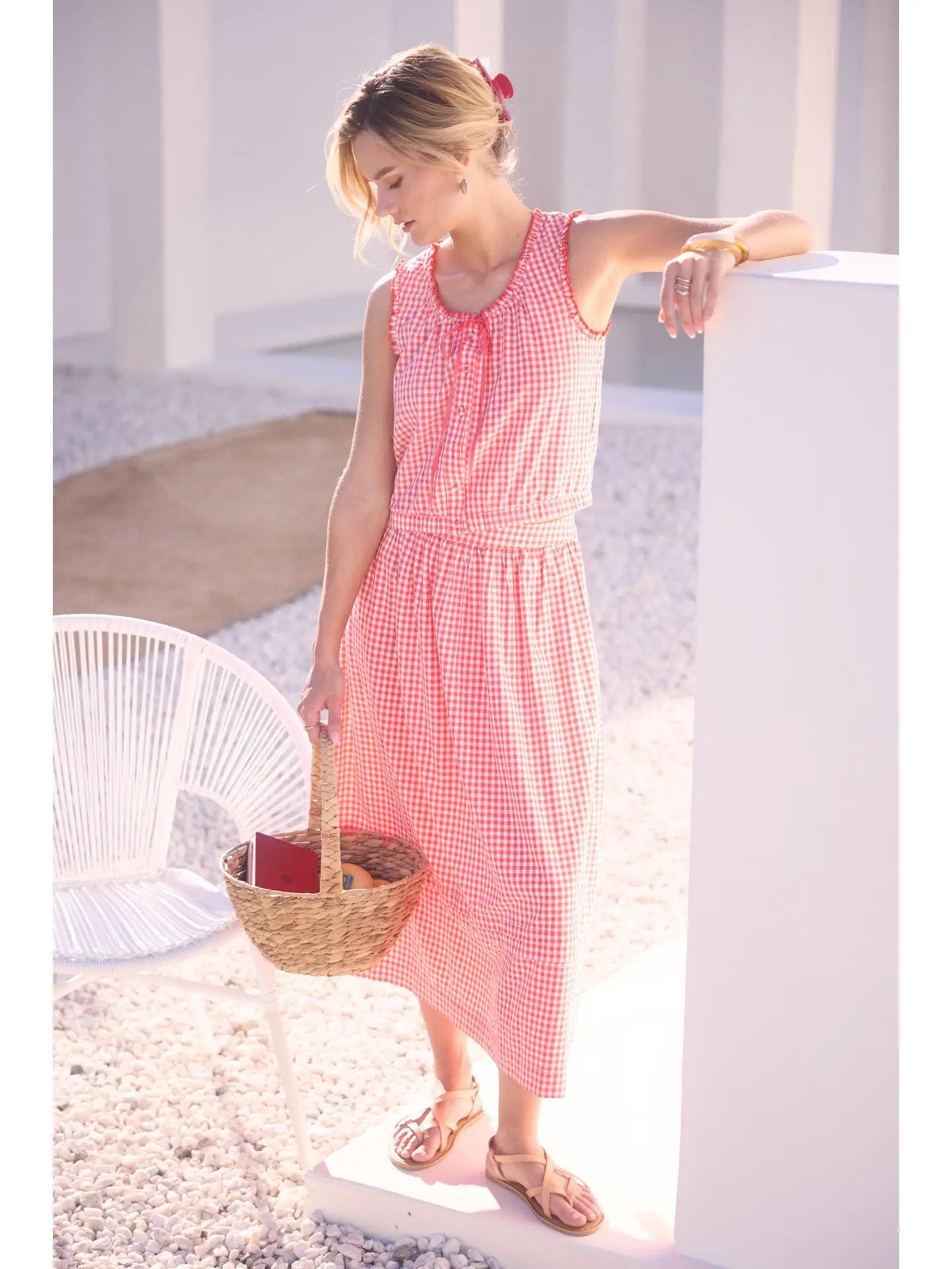 Gingham Front Button Sleeveless Top