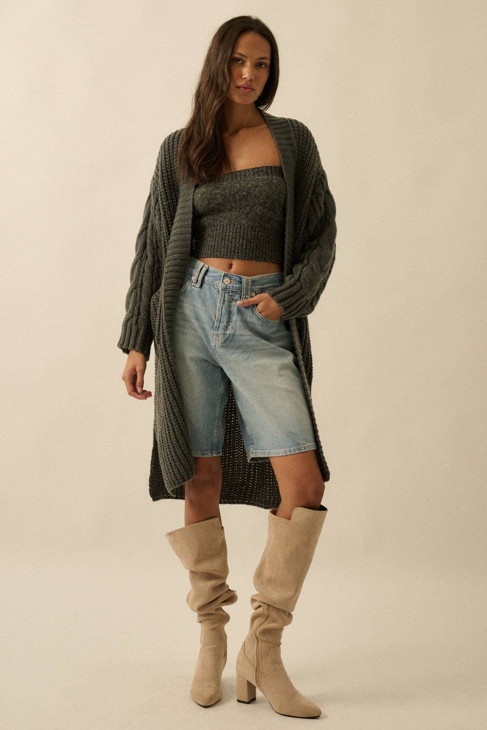 Solid Rib Knit Open Front Cable Knit Cardigan