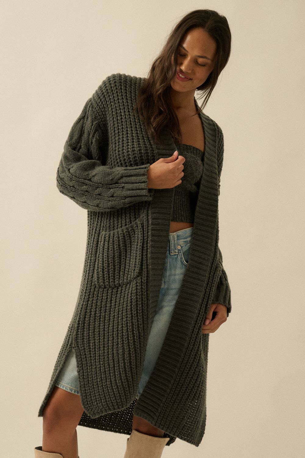 Solid Rib Knit Open Front Cable Knit Cardigan