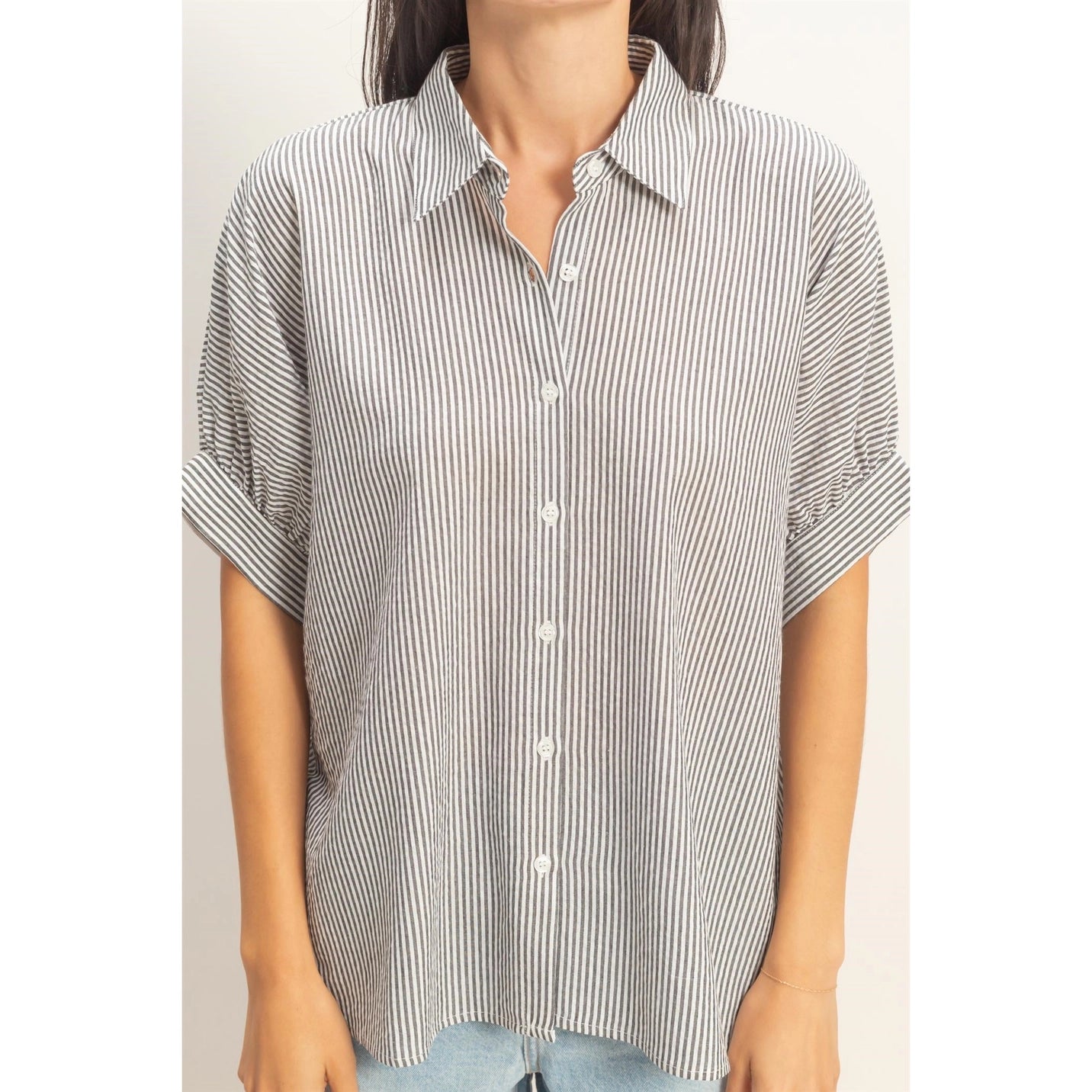 Striped Short Sleeve Button-Front Blouse