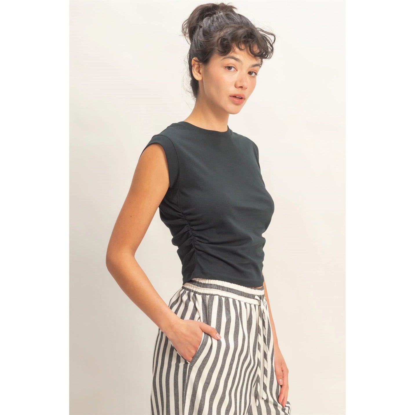 Ruched Waist Sleeveless Cotton Top