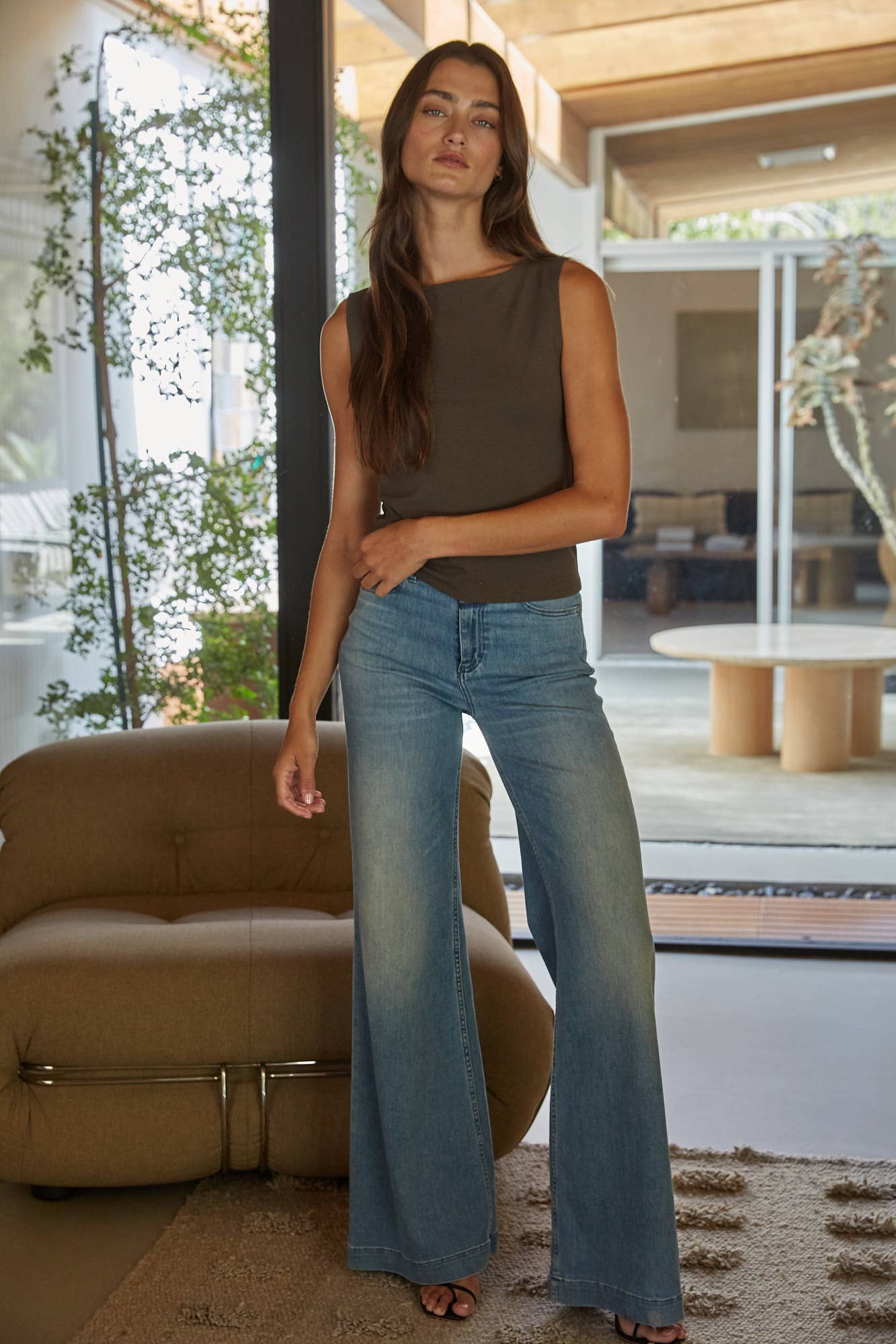 Knit Cotton Spandex Boat Neck Sleeveless Top
