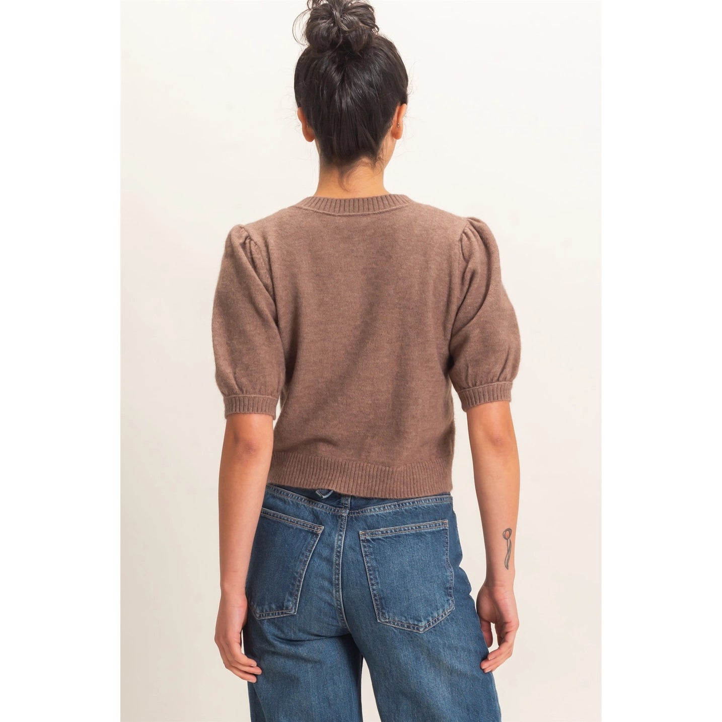 Button Front Puff Short Sleeve Cardigan