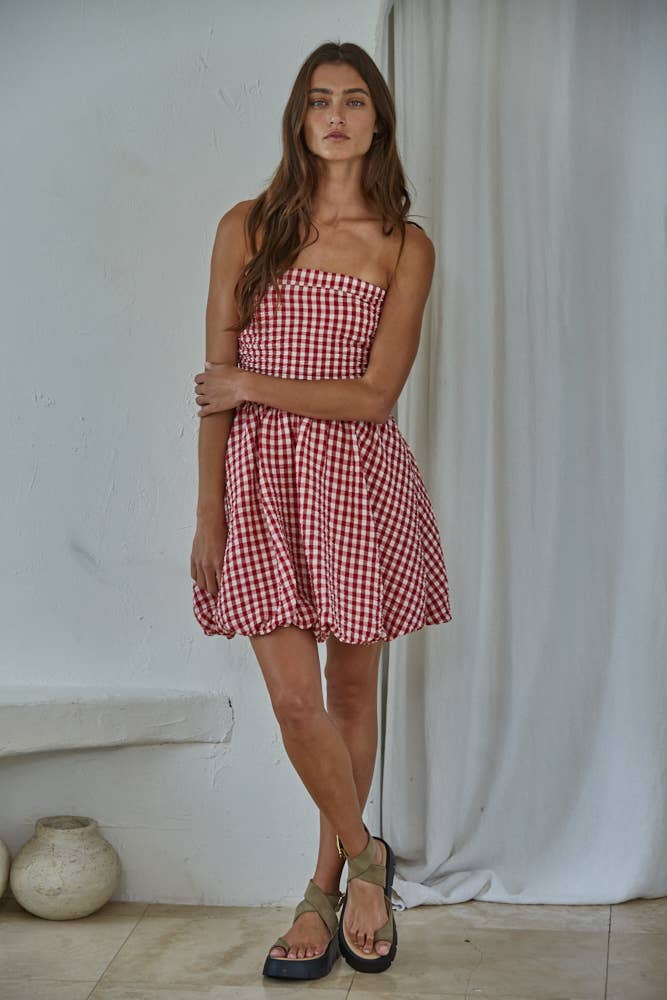 Woven Gingham Print Smocking Tube Mini
