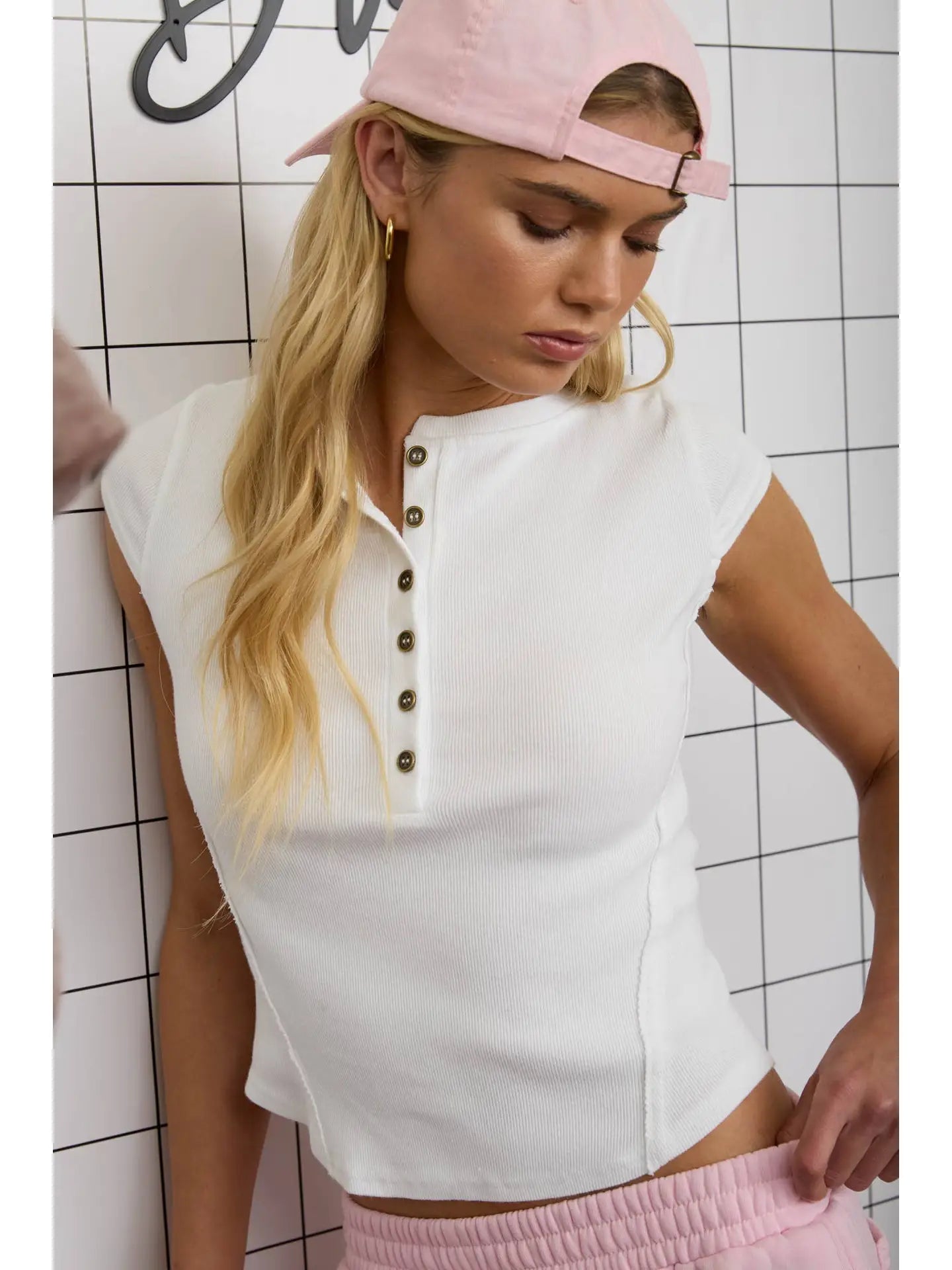 Henley Ribbed Knit Cap Sleeve Tee