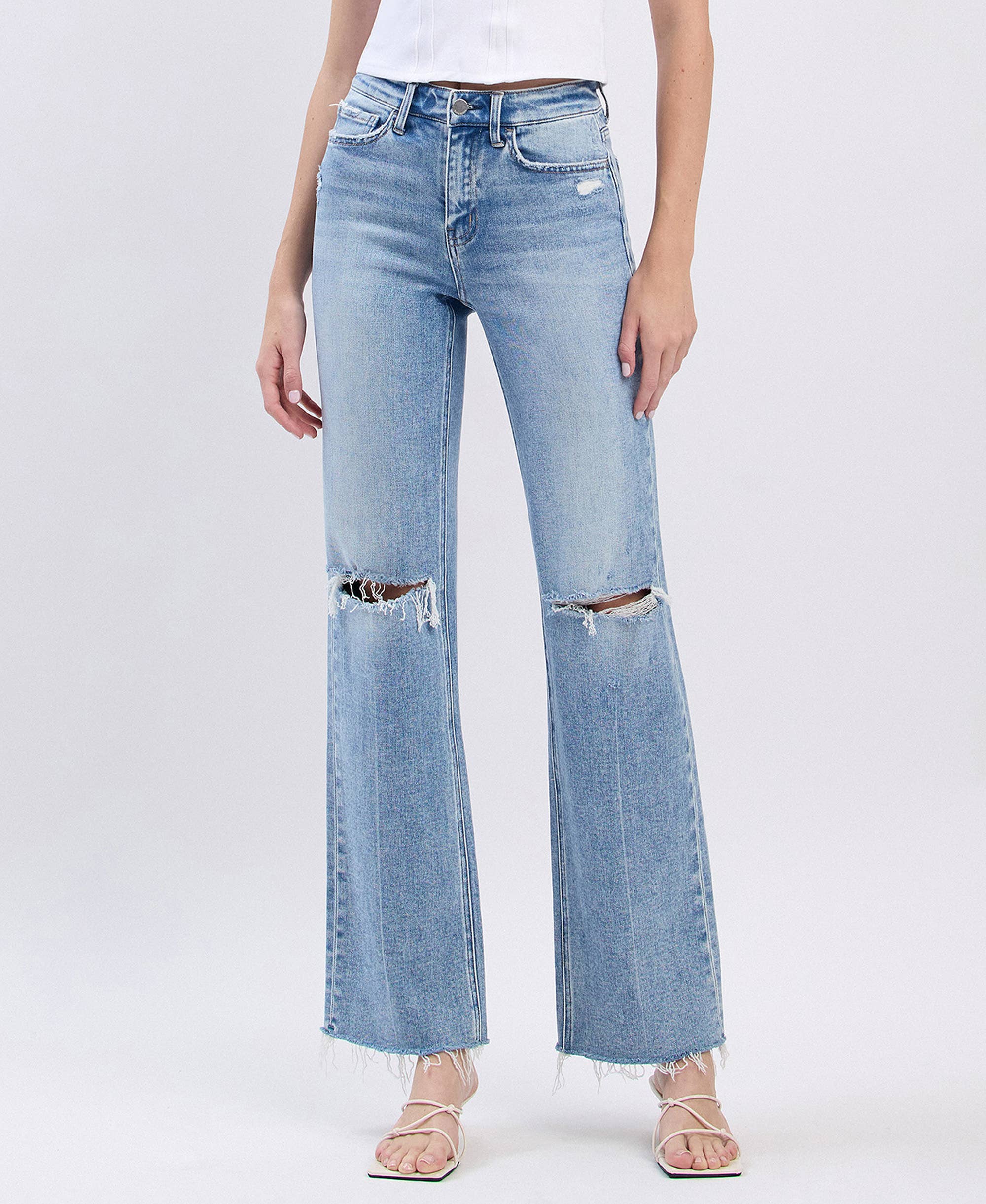HIGH RISE DISTRESSED SLIM WIDE JEANS F6011