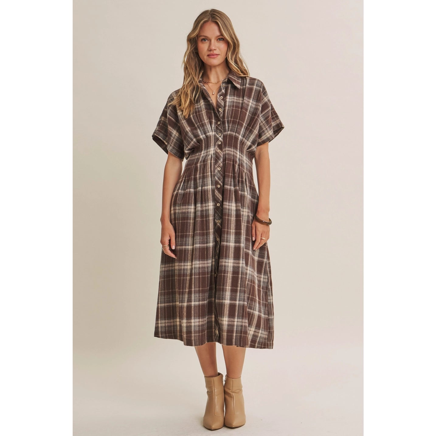 Pin-Tucked Waist Plaid Midi Dress
