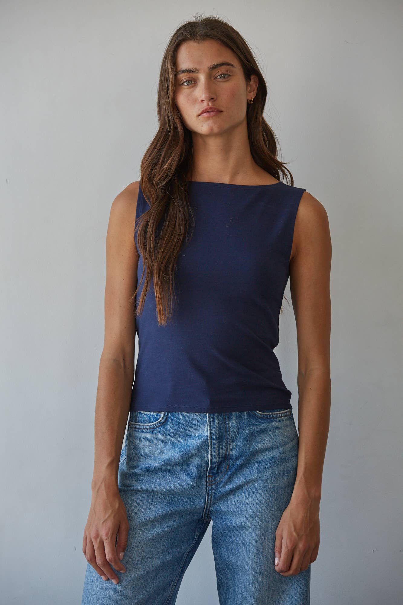 Knit Cotton Spandex Boat Neck Sleeveless Top