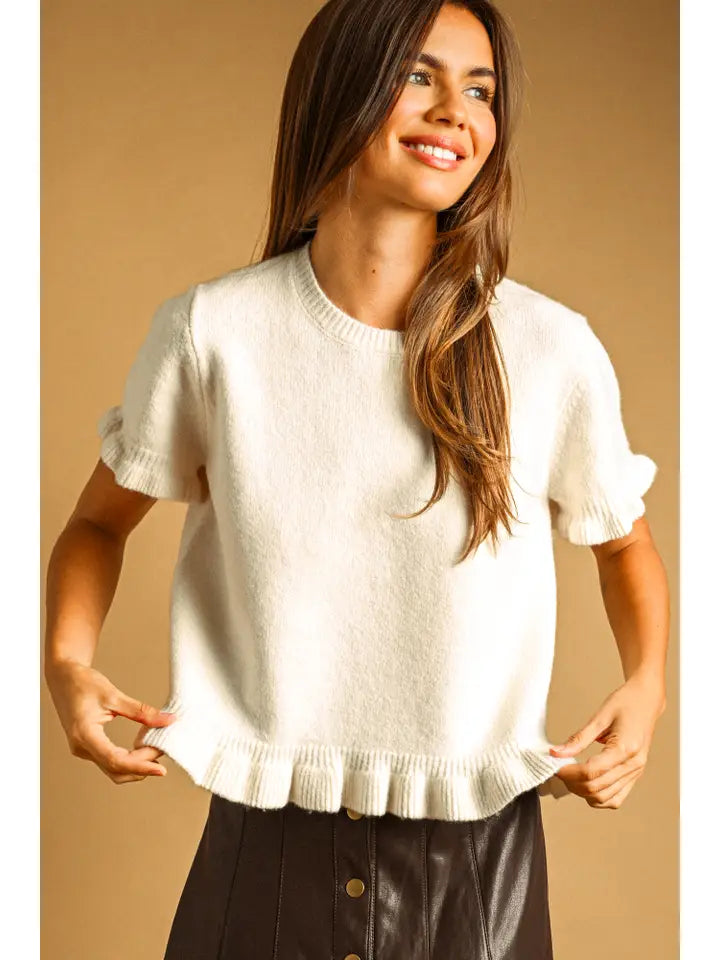 Ruffle Hem Short Sleeve Sweater Top