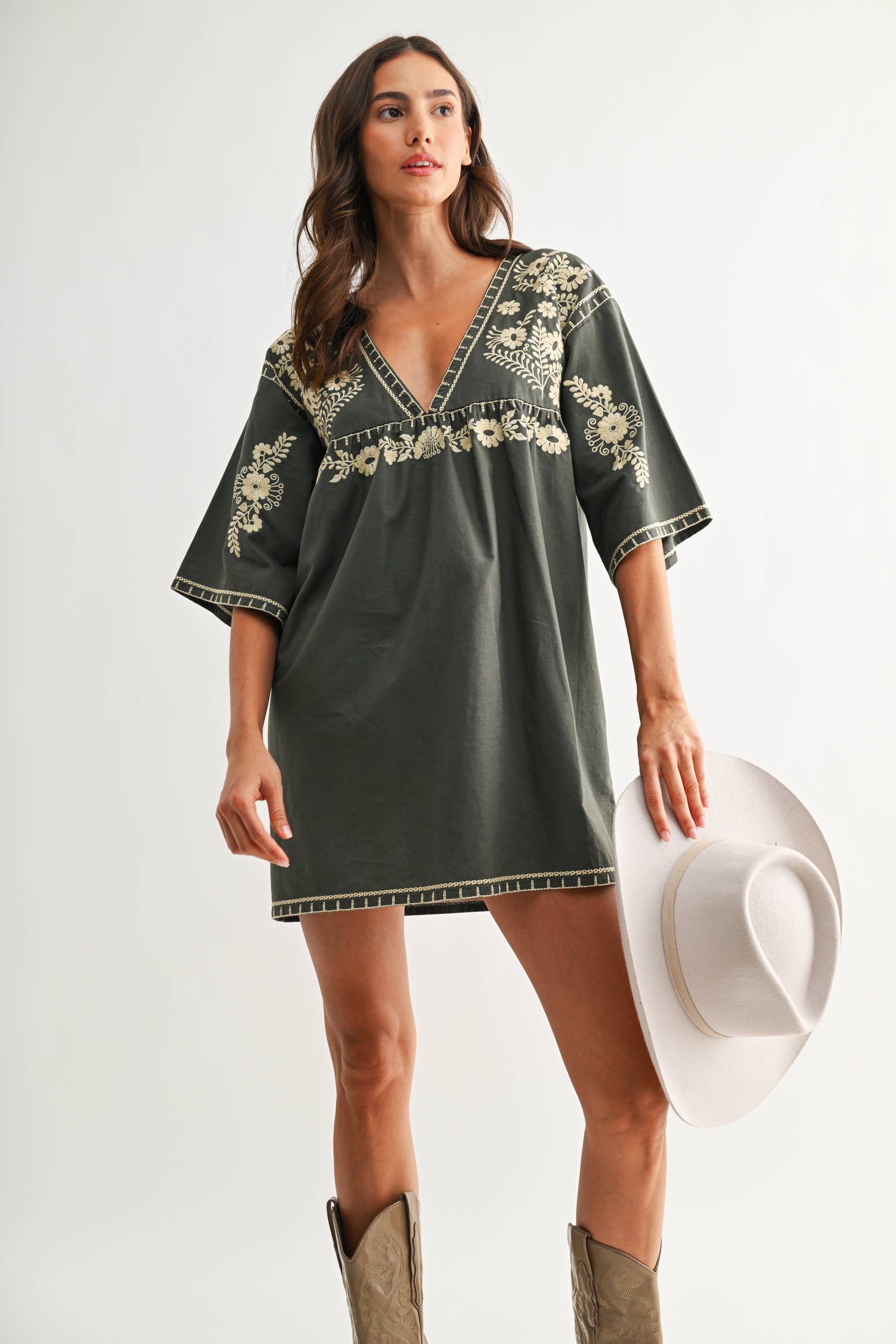 CED26811 Embroidered Shift Dress with Deep V-Neckline