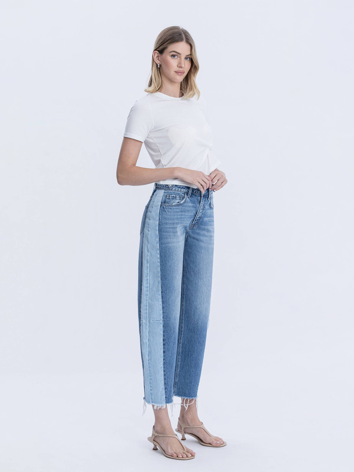 Two Tone High Rise Barrel Jean