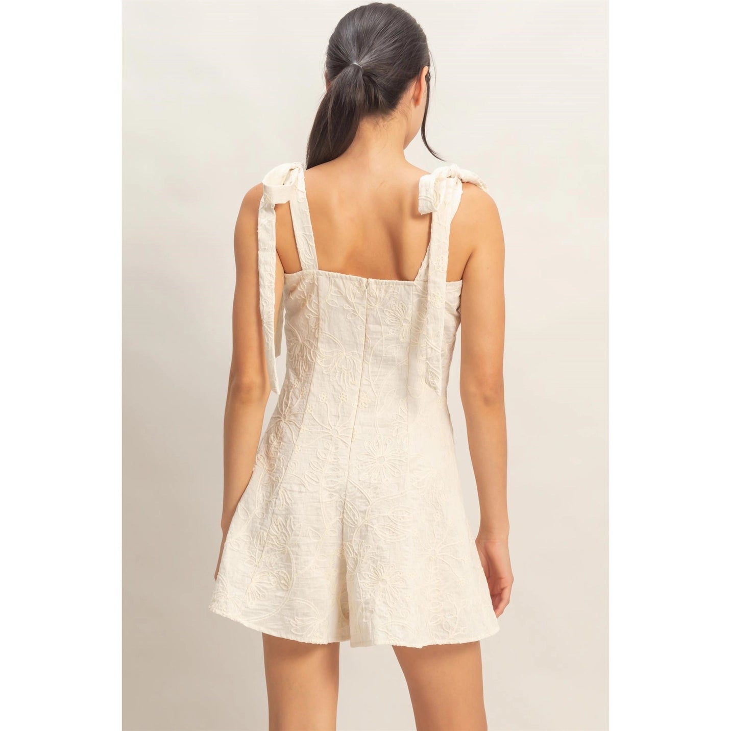 Floral Embroidery Tie-Strap Romper