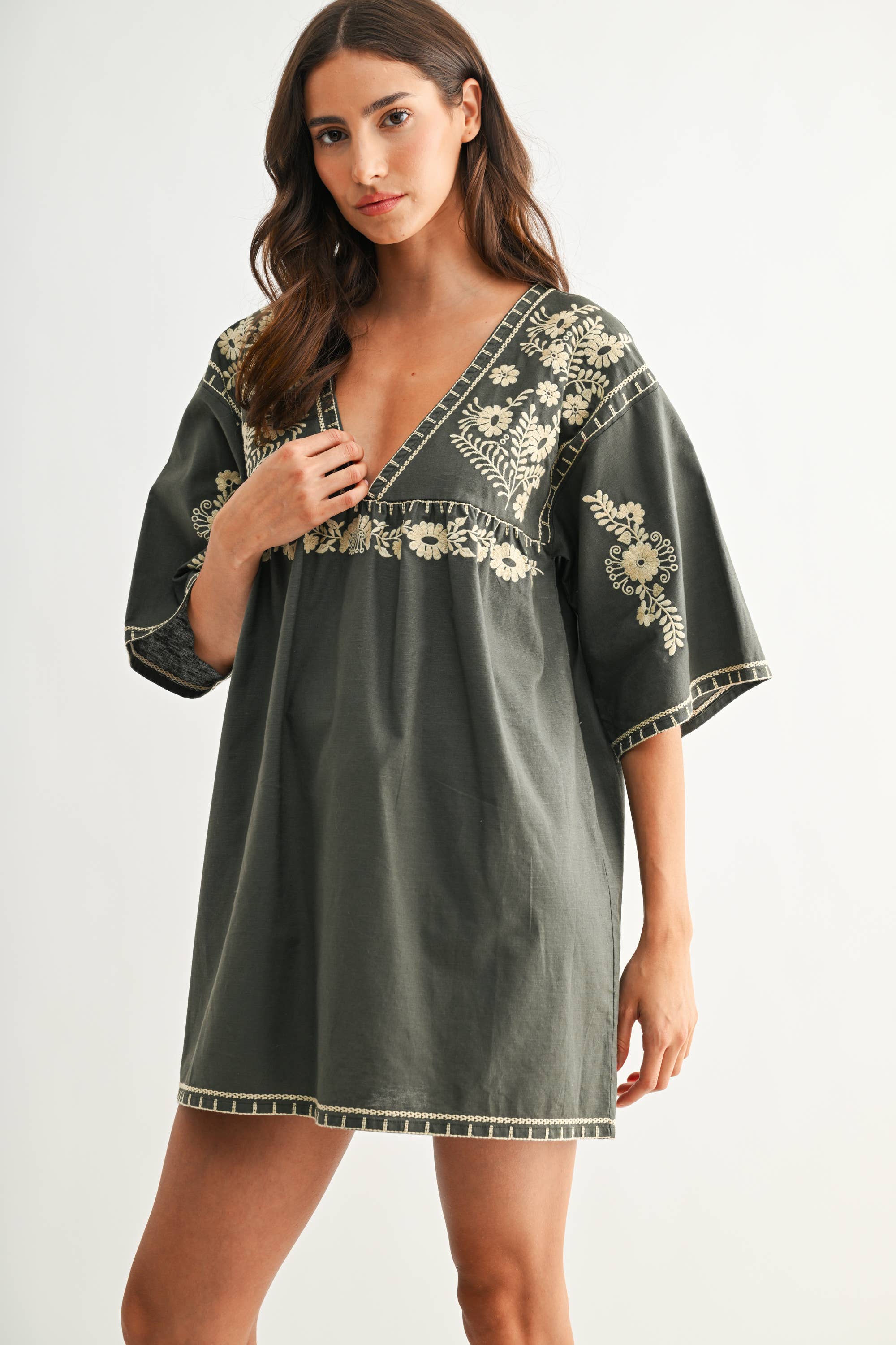 CED26811 Embroidered Shift Dress with Deep V-Neckline