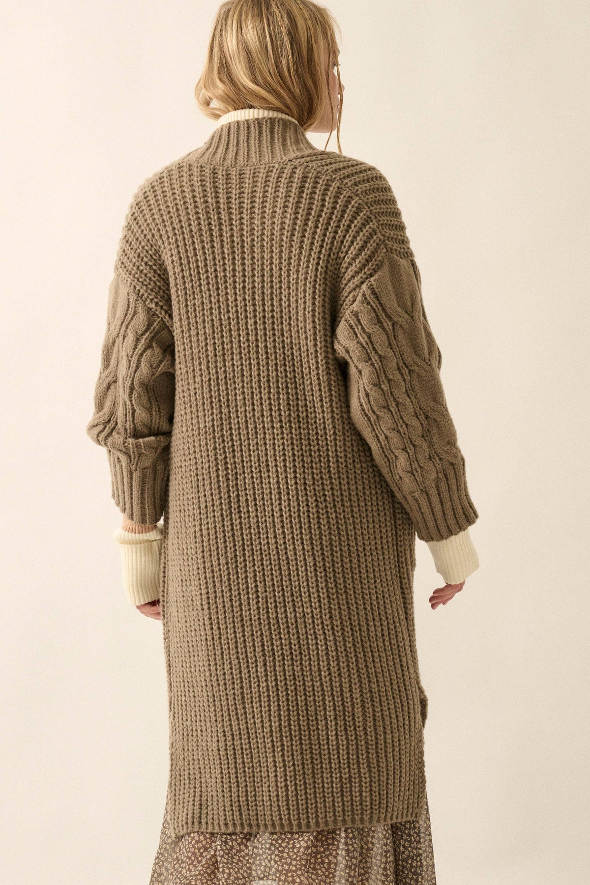 Solid Rib Knit Open Front Cable Knit Cardigan