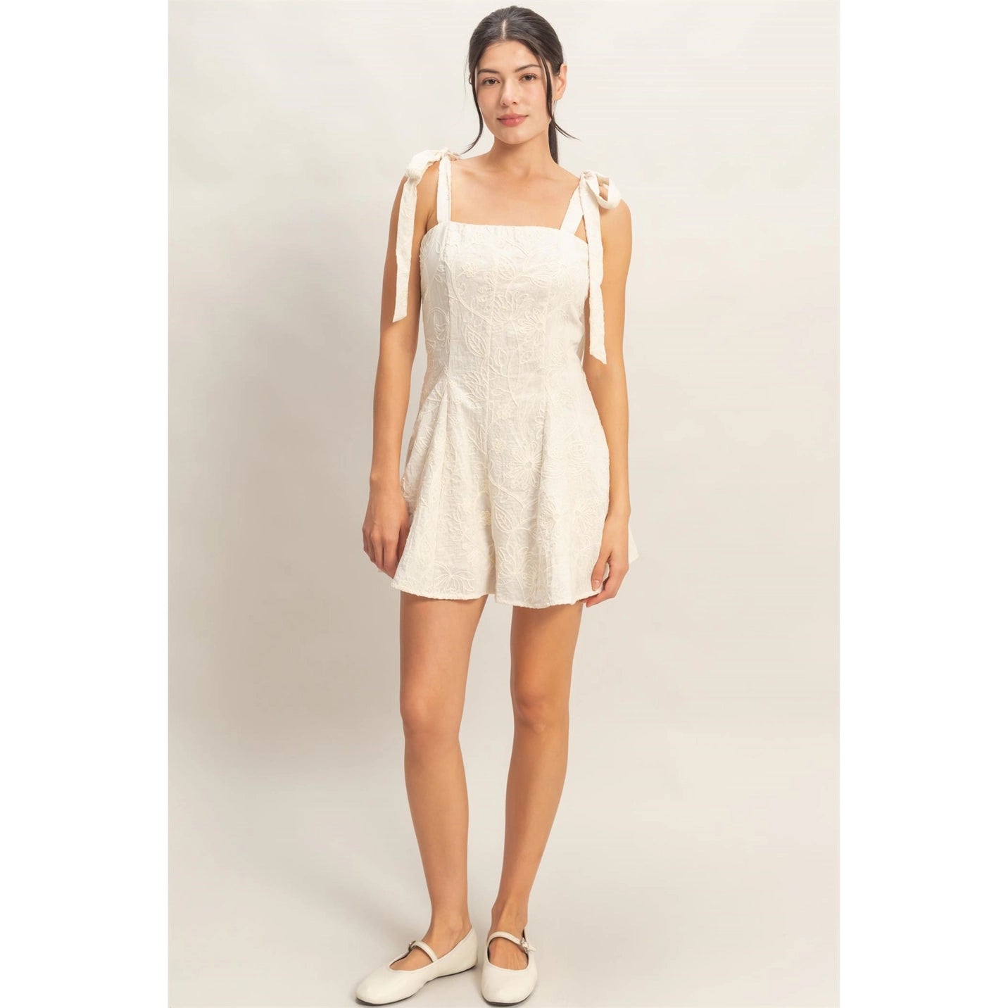Floral Embroidery Tie-Strap Romper