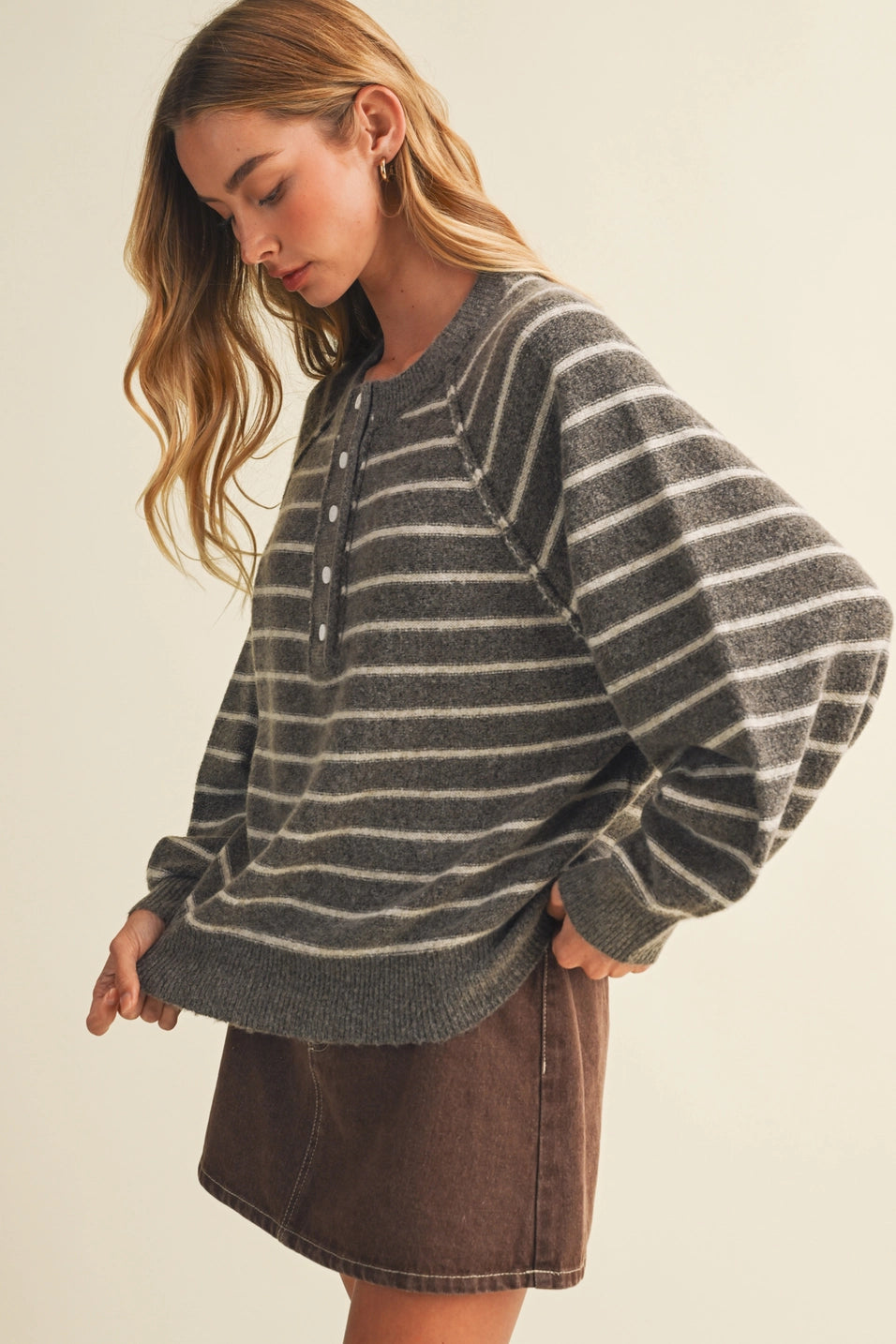 Button-Placket Stripe Knit Pullover