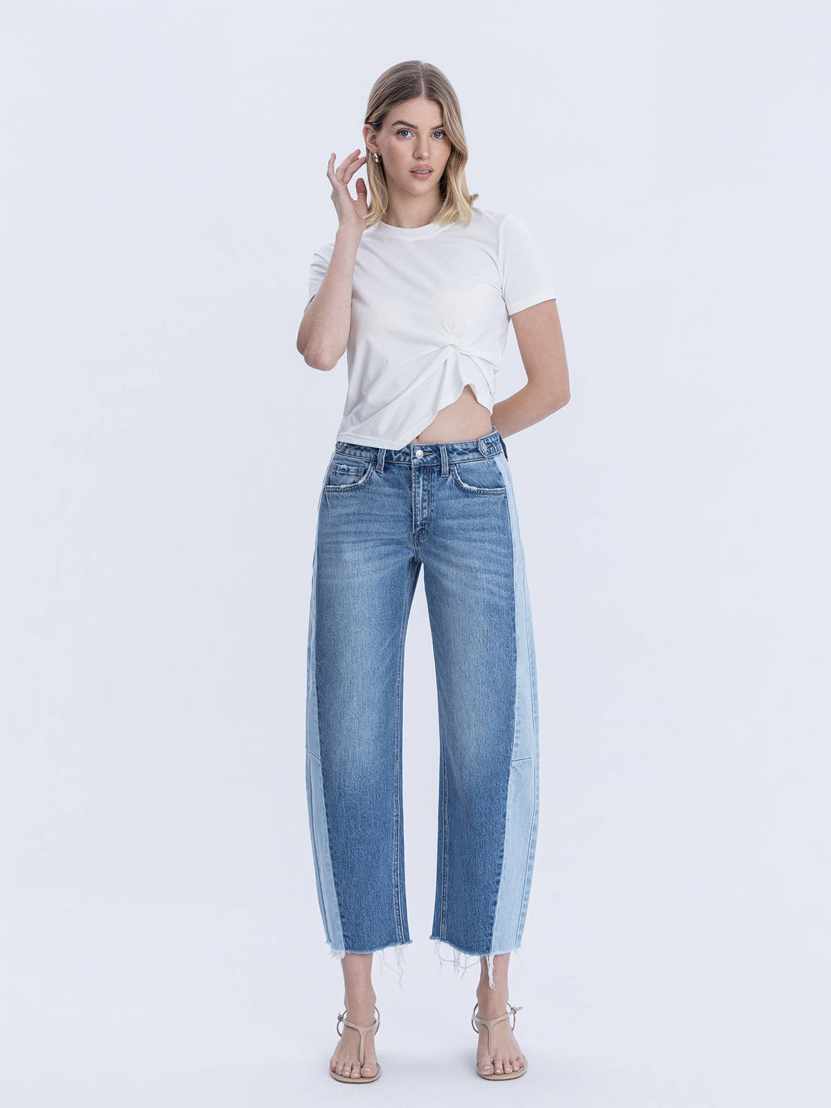 Two Tone High Rise Barrel Jean
