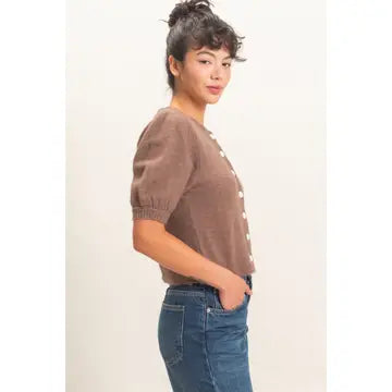 Button Front Puff Short Sleeve Cardigan