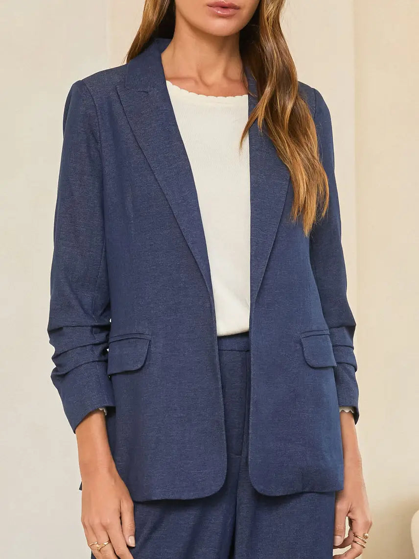 Blue Business Ruched Sleeve Denim Blazer