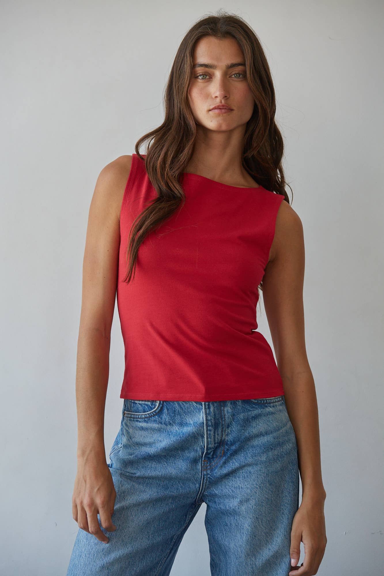 Knit Cotton Spandex Boat Neck Sleeveless Top