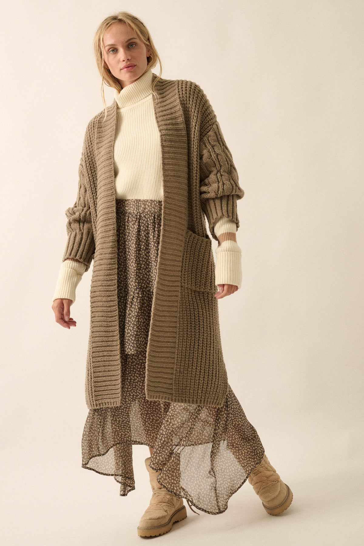 Solid Rib Knit Open Front Cable Knit Cardigan