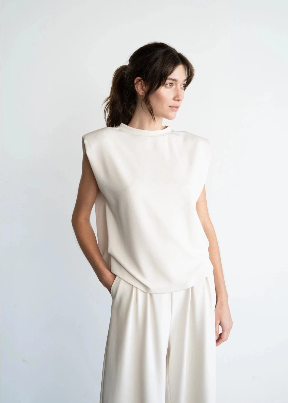 Side Ruching Sleeveless Top with Shoulder Pads