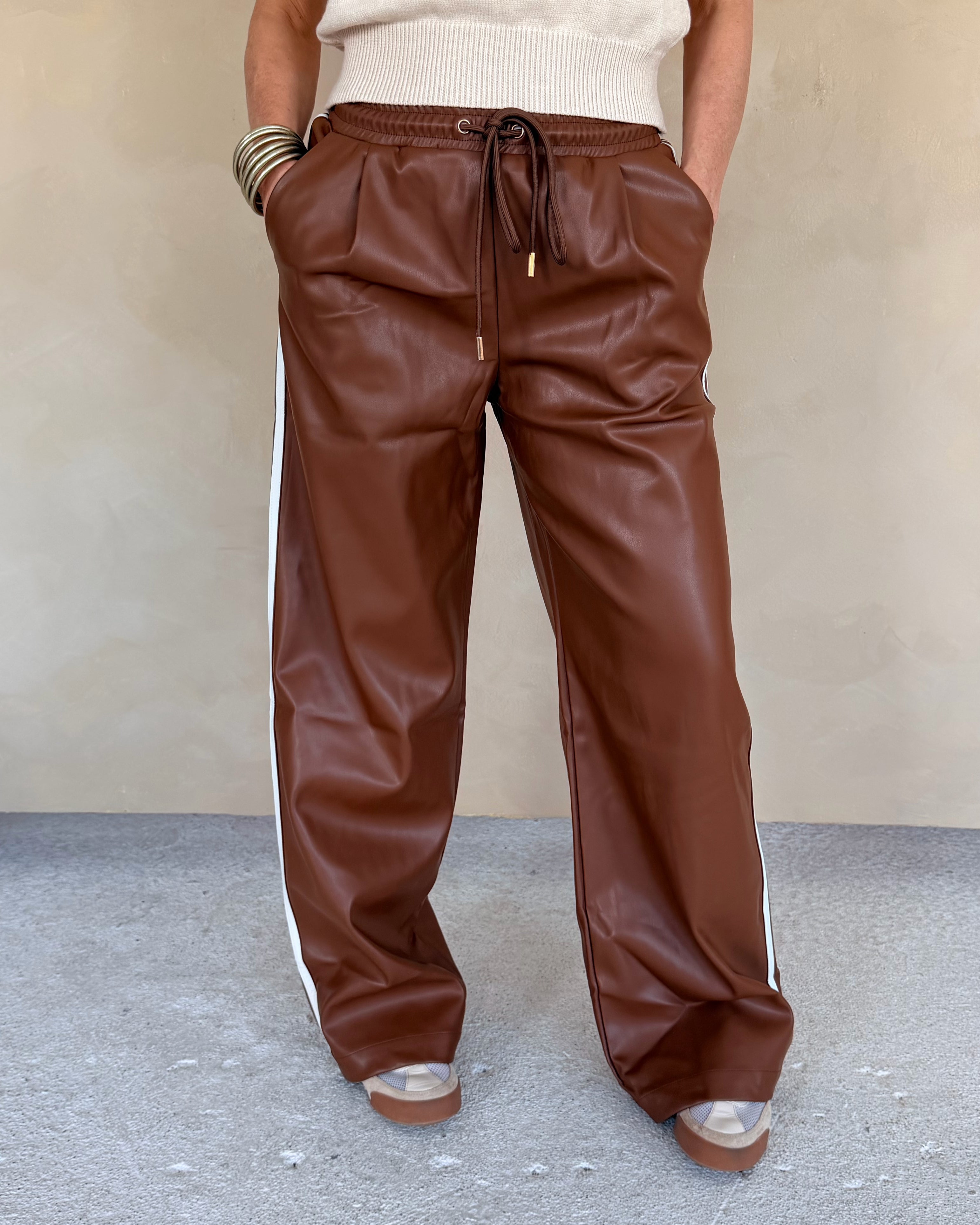 Side Striped Faux Leather Wide Leg Pants
