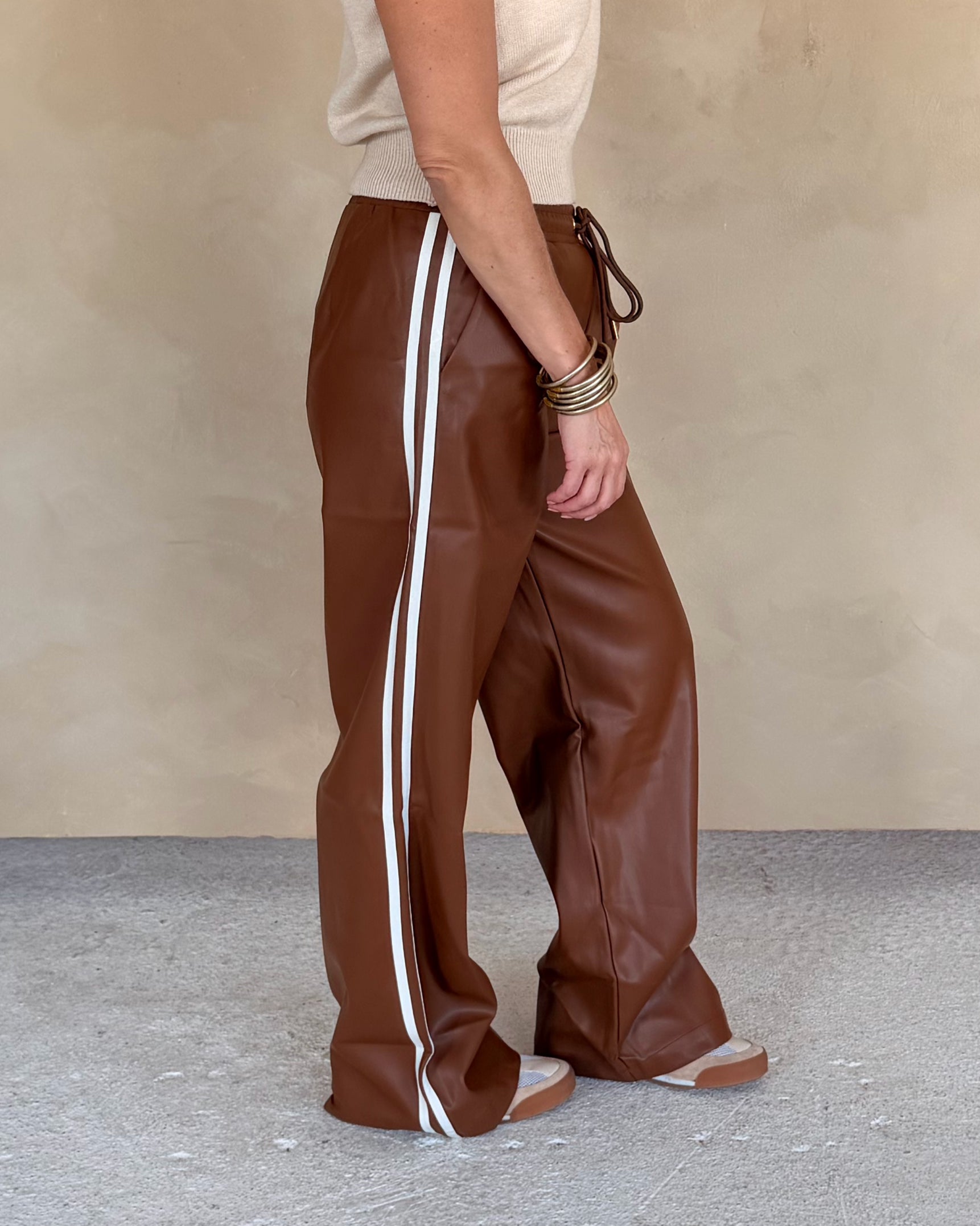 Side Striped Faux Leather Wide Leg Pants
