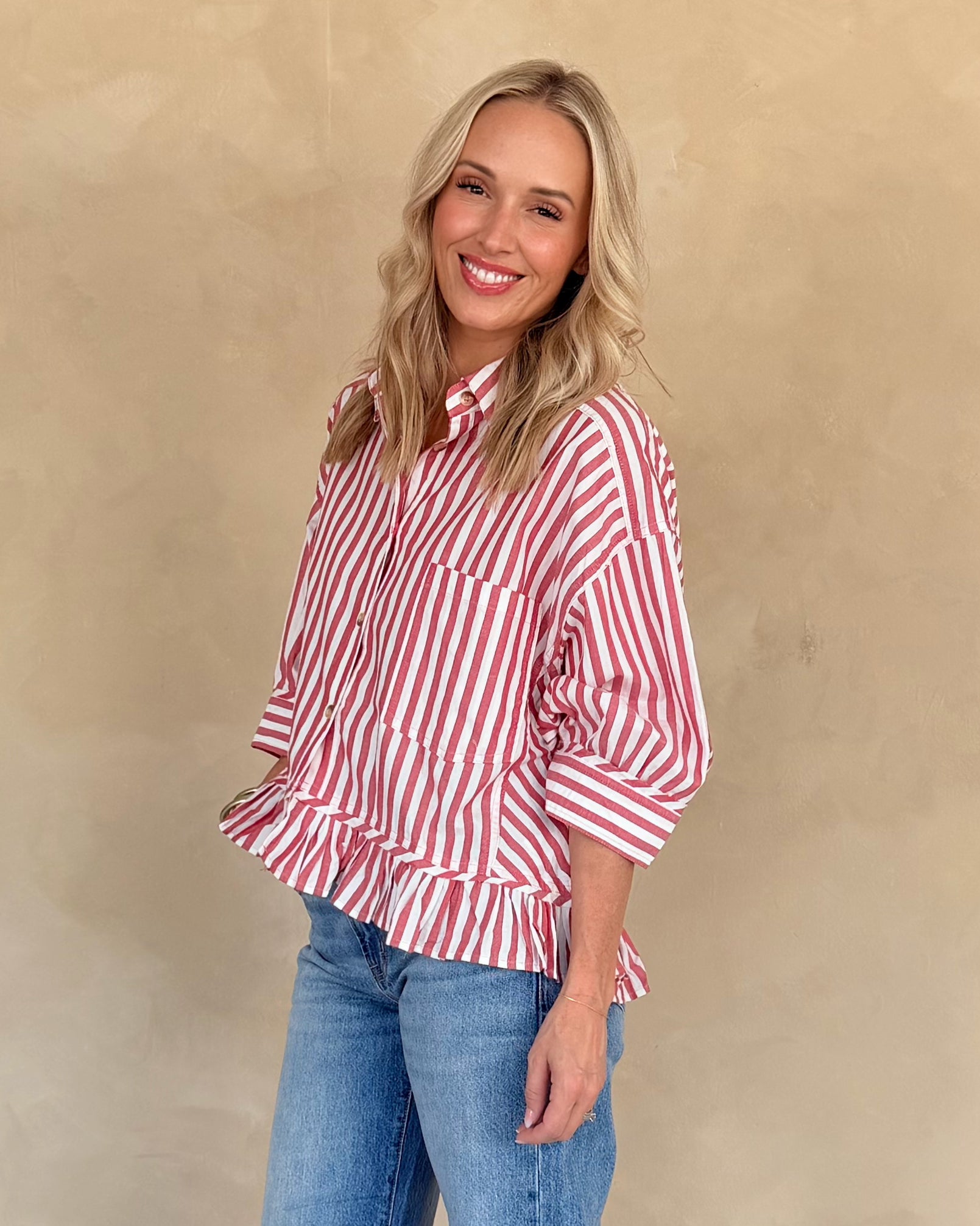 Woven Striped Button Down Peplum