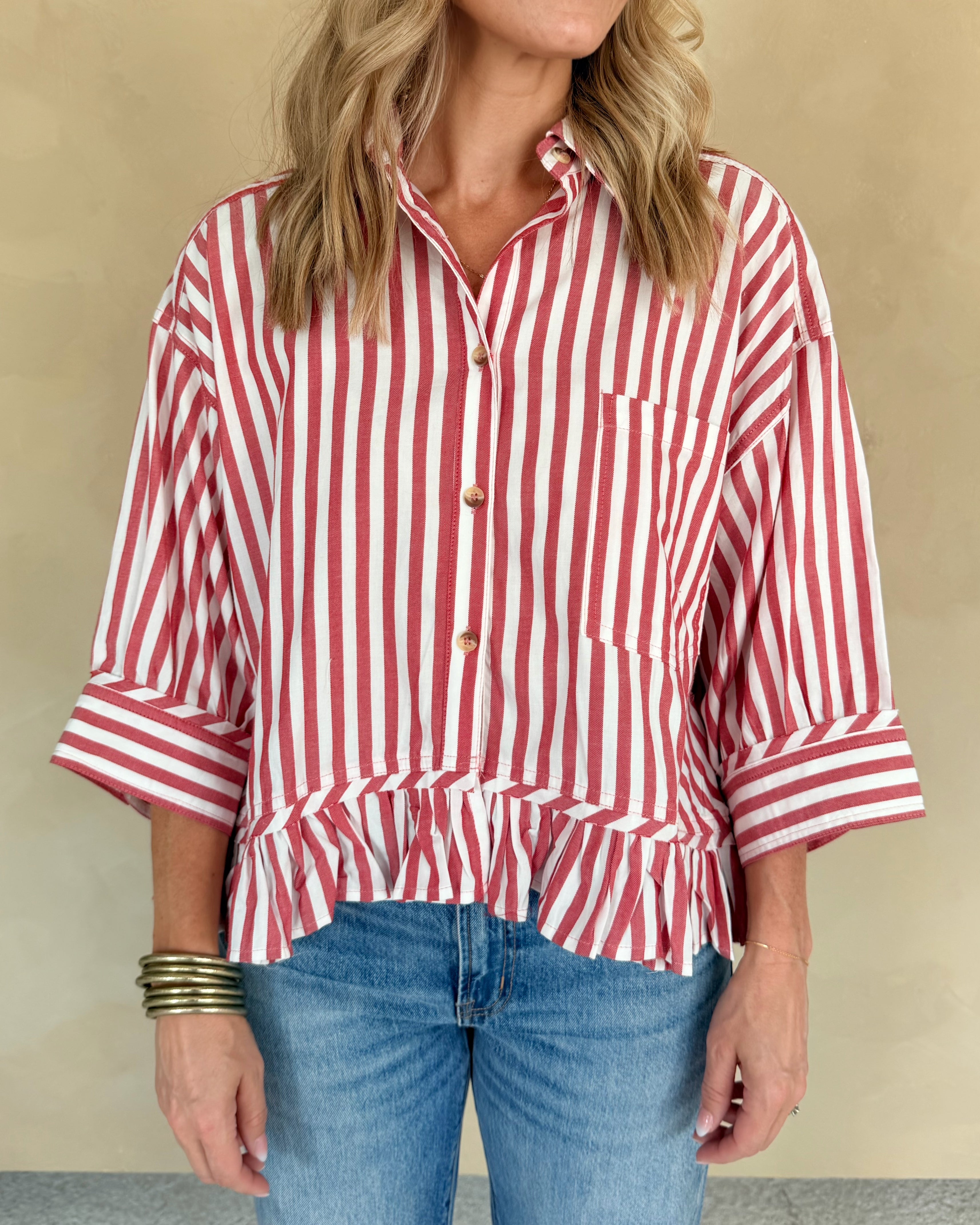Woven Striped Button Down Peplum